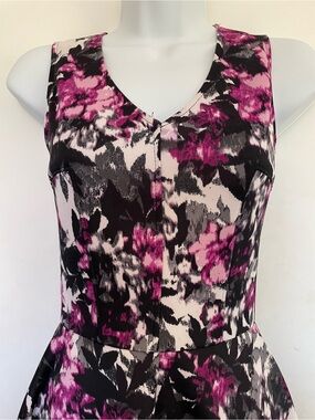 Sleeveless Floral Fit-and-Flare Dress in Pink, Black & White